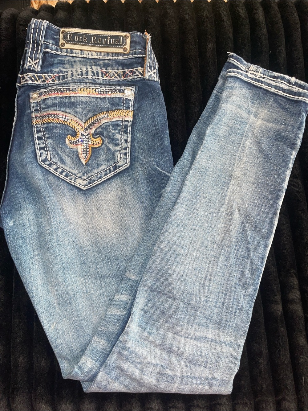 Rock Revival Light Blue Skinny Jeans with Embroidered Rhinestone Pocket
